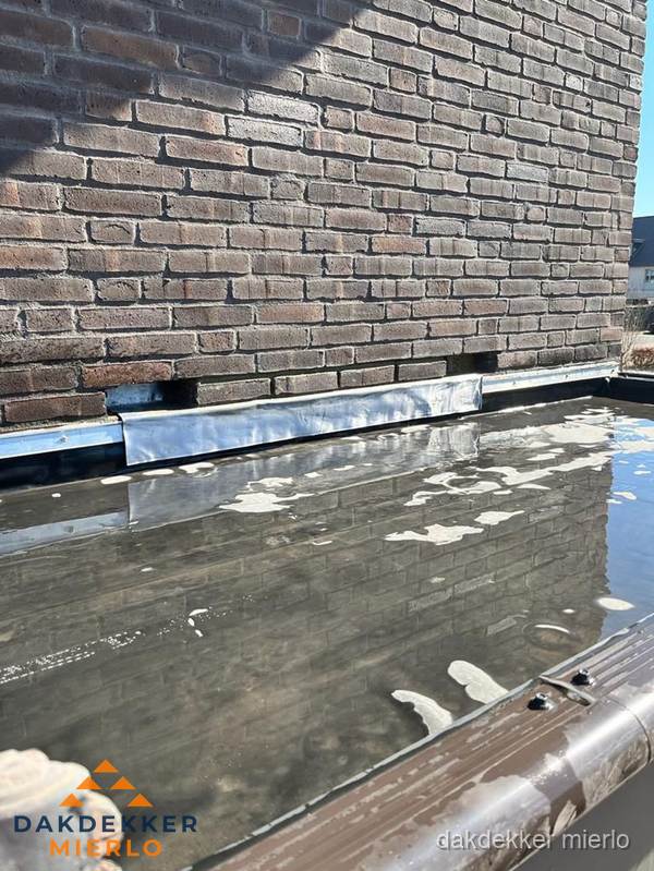 Stilstaand water op plat dak door slechte afwatering in Mierlo